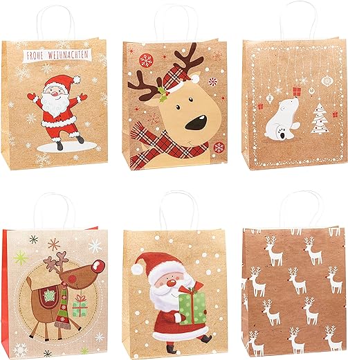 12 pezzi Sacchetti regalo per Natale in carta kraft, confezione da 12 pezzi, dimensioni grandi 26 x 12 x 32 cm